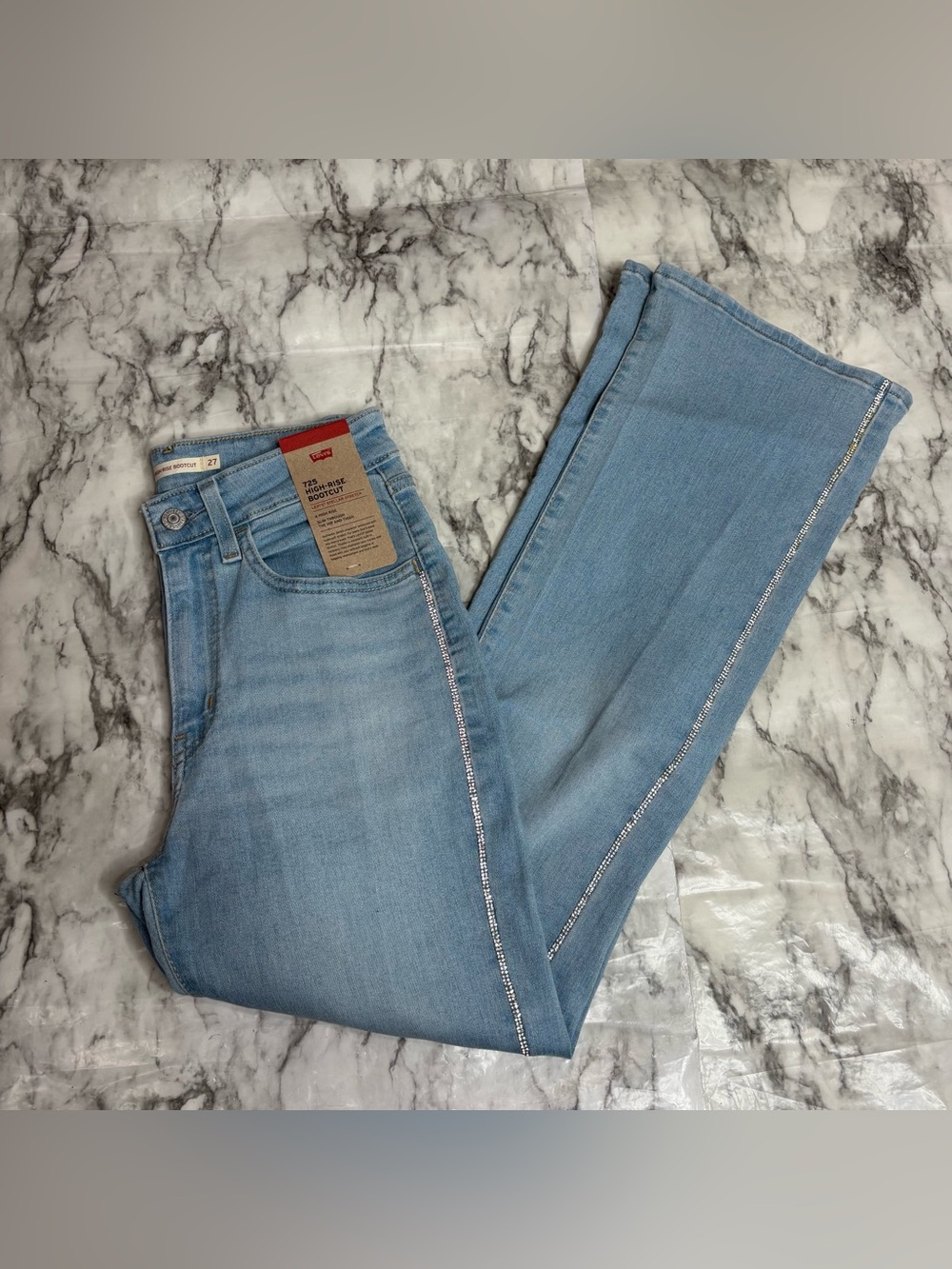 Levi's 725 high rise bootcut Light Blue denim Sparkle Side Trim NWT Size 27